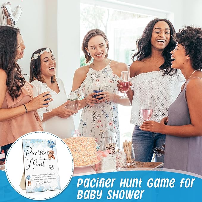 Roowest 51 Pcs Pacifier Hunt BabyShower Games Include Wooden Hunt Sign and 50 Acrylic Mini Plastic Pacifiers for BabyShower Game Decoration Gift Sets Gender Reveal Party(Bear,Blue)