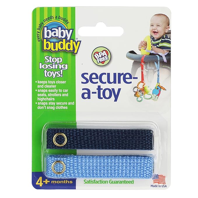 Baby Buddy Secure-A-Toy, Safety Strap Secures Toys, Teether, Or Pacifiers to Strollers, Highchairs, Car Seats, Adjustable Length to Keep Toys Sanitary Clean, Registry Must Haves, Blue-Navy, 2 Count