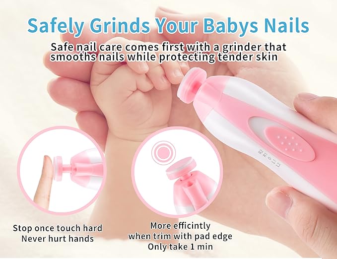 Electric Baby Nail Trimmer, Safe Gentle Nail File Grinder Kit with LED Light, Whisper Quiet, 6-in-1 Nail Care Set for Newborns Toddlers Kids & Adults, Adjustable Speed & Rotation, Portable Travel.Pink