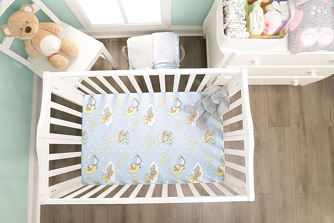 2 Pack n Play Mattress Sheets – 100% Jersey Knit Cotton Soft Portable Crib Mattress Sheet for Boys with Blue and Yellow Precious Moments Design; 2 Pk Playpen Mattress or Mini Crib Fitted Sheet Set