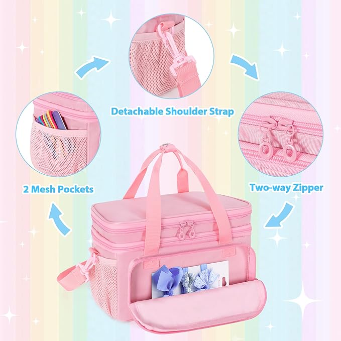GRAOSO Hair Bow Organizer for Baby Girls, Double Layer Hair Accessories Storage Bag, Rainbow Sequins Design, with Handle and Detachable Shoulder Strap (Case only) (Pink)