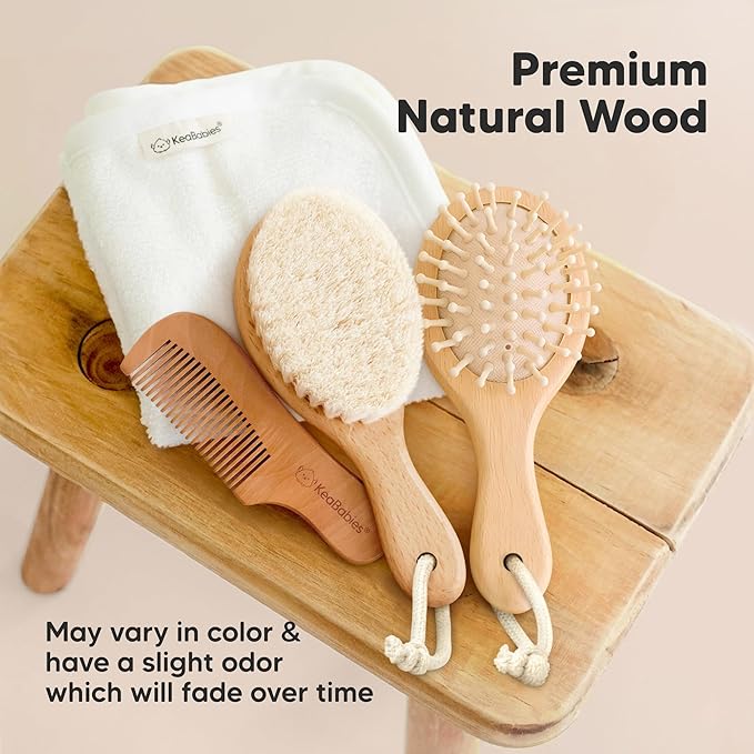 Wooden Baby Hair Brush for Toddler Girls, Boys - Cradle Cap Brush for Babies, Soft Goat Bristles, Perfect Gentle Scalp Newborn Comb for Infant, Girls, Boys, Bath Essentials(Walnut, Petite)