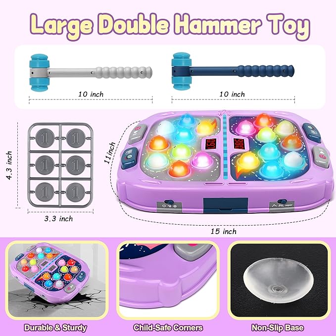 Whack Game Mole,Toys for 3+ Year Old,Birthday Gifts for 3 4 5 6 Year old Boys,Boys Toys Age 3,Toddler Gifts,2 Player Game Toy,Larger 11*15in Whack Toy with 5 Modes,9 Speeds,54 Levels and Light&Sounds