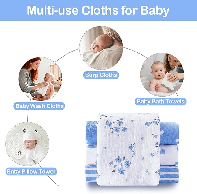 lasoftan Baby Muslin Burp Cloths, 100% Cotton Burping Cloths Super Absorbent Soft, Bath Towel Burp Cloths for Baby Girl Boy, Great Gift for Newborn, 10 x 20 inch, 4 Pack (Heart & Flowers)