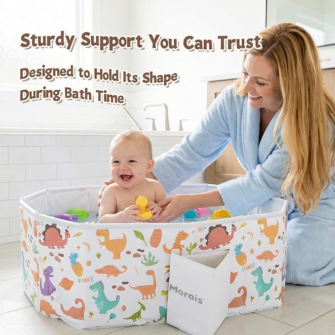 MORAIS Toddler Bathtub Collapsible & Portable, Foldable Baby Bath Tub for Shower & Travel, Dual Drain Plug with Thick Padded Bottom, Easy to Clean, Space-Saving Tub, 12 Months+