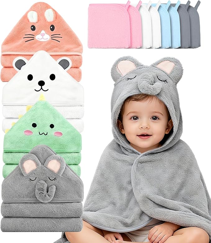 12 PCS Baby Bath Towels Set - 4 Pack Animal Hooded Baby Towels Robe + 8 Soft Washcloths, Ultra Absorbent & Quick Drying, Cute Newborn Bath Essentials for Boys Girls, Infant Toddler Shower Gift