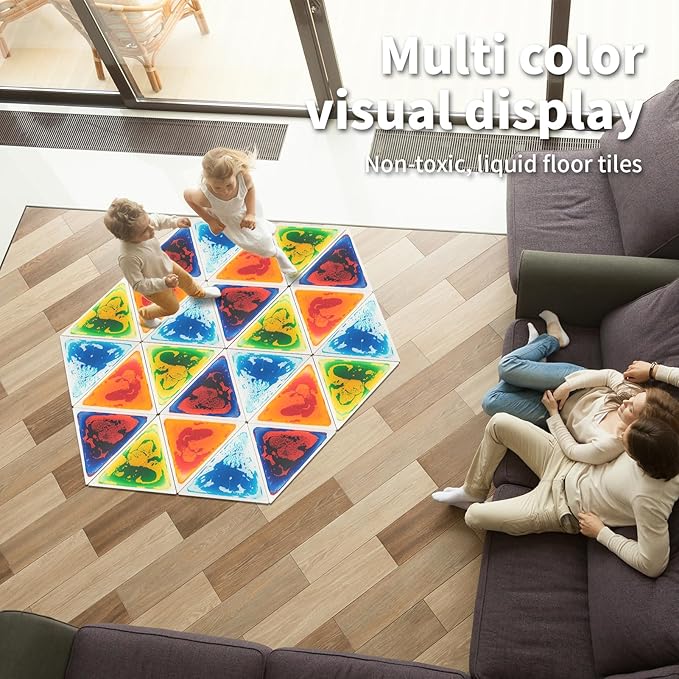 LONGKING 4-Sheet Liquid Triangle Sensory Tiles, Colorful Floor Tile for Play Centers, Playroom, Lava Tiles, 12.7" x 14.7"