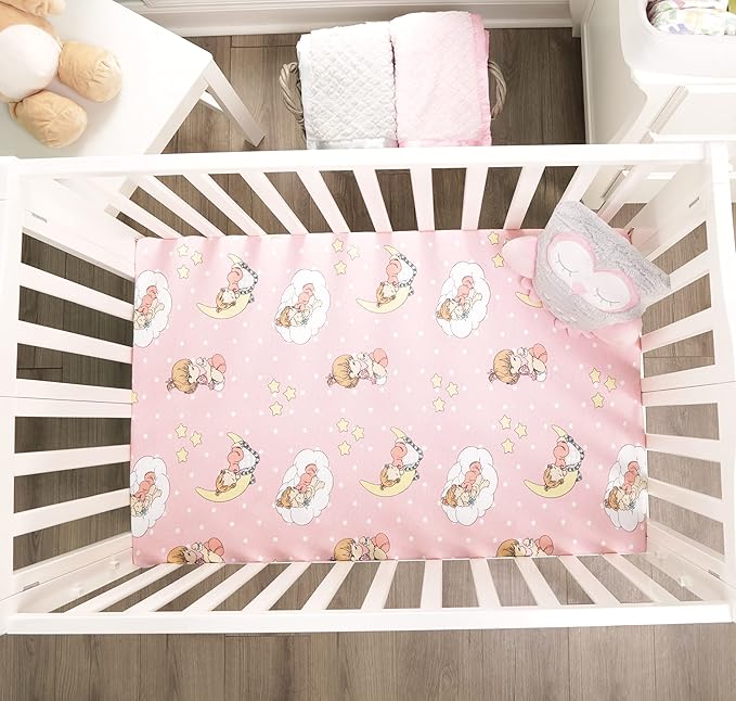 2 Pack n Play Mattress Sheets – 100% Jersey Knit Cotton Soft Portable Crib Mattress Sheet for Girls with Pink and Yellow Precious Moments Design; 2 Pk Playpen Mattress or Mini Crib Fitted Sheet Set
