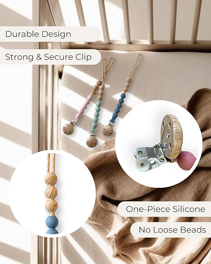 Hippypotamus Pacifier Clips - One Piece All Silicone Holder for Baby’s Binky & Teething Toys - No String Or Loose Beads - Set of 4 (Sand/Rose/Sage/Stone)