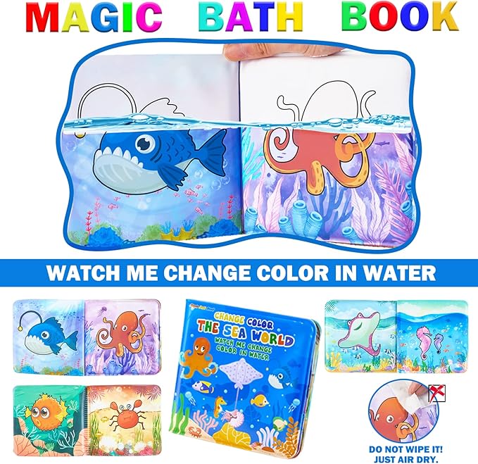 Color Changing No Hole Bath Toys for Kids Toddlers, Color Change Water Table Bathtub Toys Sea Creatures Rubber Fish for Kids & 2 Glow in The Dark Ocean Animal with Bath Book