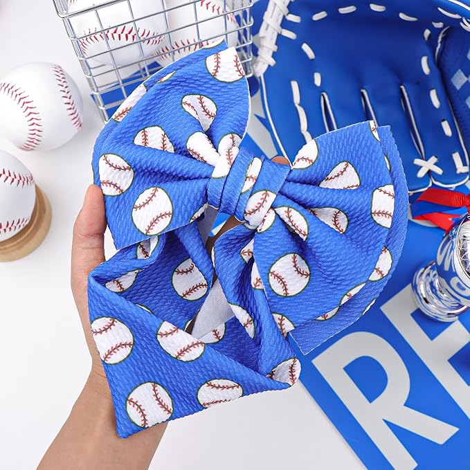YanJie 7" Baby Girl Baseball Sports Printed Super Large Double Layers Bow Headband Blue Infant Toddler Messy Bow Headwrap Game Hair Accessories Hairband Baseball Game Day Sports Bows for Girls Outfit