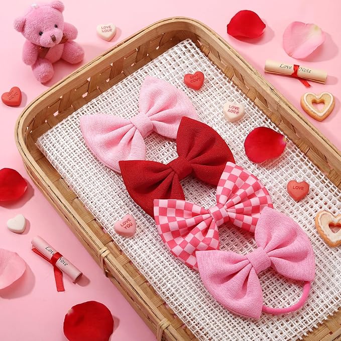 4 Pcs Valentines Baby Bow Headbands, Red Pink Bow Headband Soft Nylon Handmade Hair Accessories for Baby Infants Toddlers Child