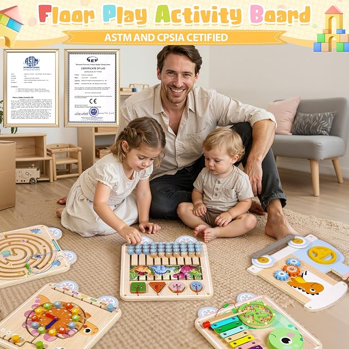 Train Activity Wall Busy Board,Wooden Montessori Sensory Toys,15-in-1 Sensory Wall Panel for Playroom,Preschool,Daycare,Nursery,Classroom, Educational Toys for Toddler