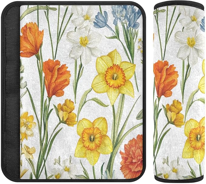 Car Seat Belt Pads Covers 2 Pcs Soft Baby Seat Shoulder Strap Cover for Women Men Kids M Fall Flowers Daffodil Carnation Freesia White