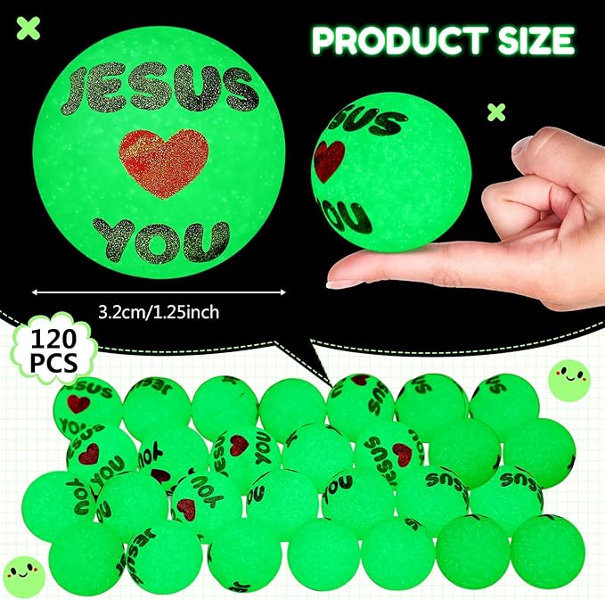 Seenelling 24 Pcs Christian Glow in the Dark Bouncy Balls Easter Jesus Bible Verse Rubber High Bouncing Balls Christian Party Favor Religious Classroom Gifts (Jesus,Green)