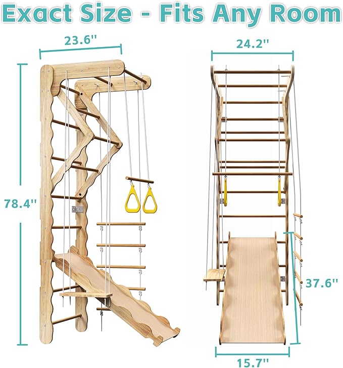 5-in-1 Indoor Playground Swedish Ladder Jungle Gym with Swing,Pull-Up Bar,Rope Ladder,Climbing Wall,Slide and Gymnastic Rings for Kids Ages 4-8