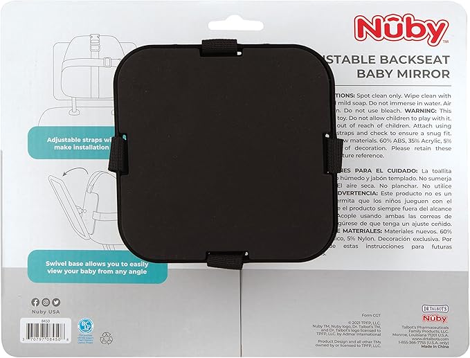 Nuby Adjustable Backseat Baby Mirror with Swivel Base for Easy Viewing, Quick Install, Shatter Resistant, Black (Pack of 2)