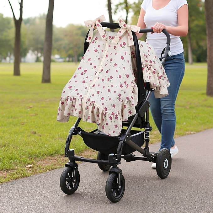 Tegeme Flower Muslin Car Seat Cover for Baby Girls Boys, Breathable Lightweight Infant Nursing Carseat Canopy Breastfeeding Cover Multi-use Carriers for Spring Summer Stroller Sun Shade