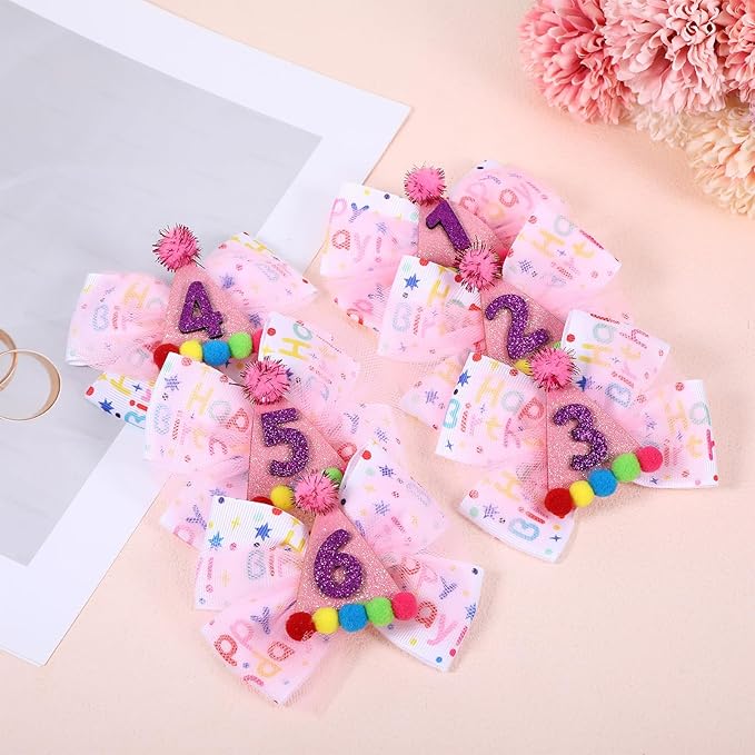 Birthday Hair Bow for Baby Girls 1 2 3 4 5 6 Year Old Sprinkle Hair Clips Happy Birthday Decorations for Girls Toddlers With Pom-Poms Ice Cream Candy Party Pink Hair Accessories for 3rd Sweet Party