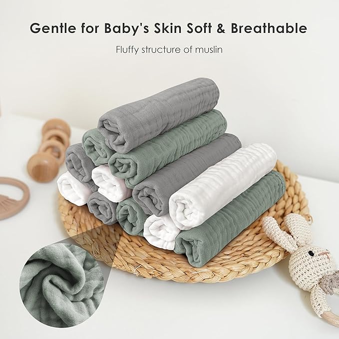 Sunny zzzZZ Baby Muslin Washcloths -100% Cotton Muslin Soft Baby Bath Wash Cloths and Absorbent Burp Cloths for Newborns Kids Girls and Boys -12 Pack, 12x12 Inches - White+Green+Grey