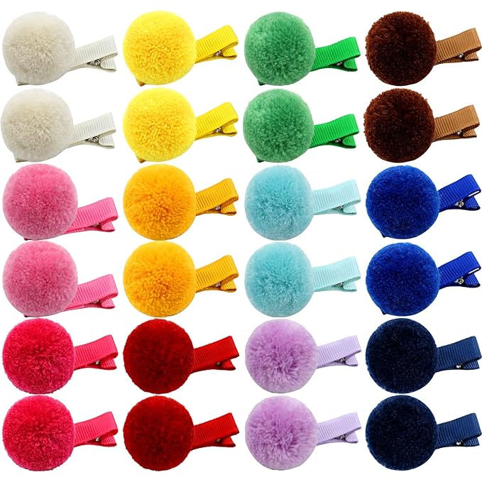 Cinaci Hair Clips, 24 Pack 1.2 Inch Candy Colorful Pom Pom Alligator Hair Clips with Small Cute Puffy Fuzzy Pompoms, Hair Accessories for Baby Girl Infant Toddler Kids