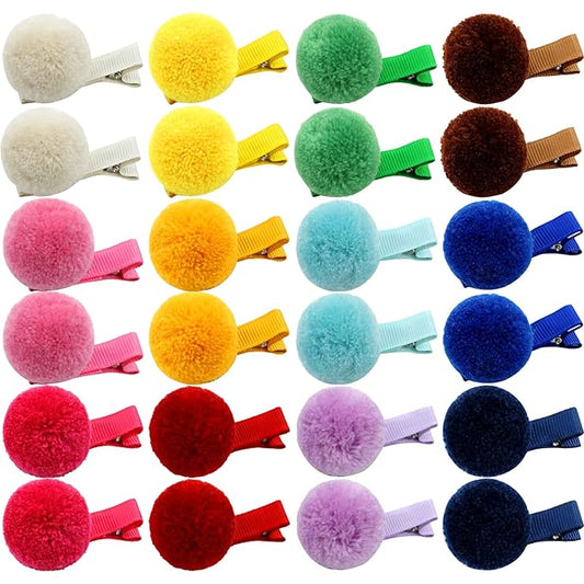 Cinaci Hair Clips, 24 Pack 1.2 Inch Candy Colorful Pom Pom Alligator Hair Clips with Small Cute Puffy Fuzzy Pompoms, Hair Accessories for Baby Girl Infant Toddler Kids