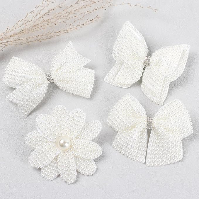 4Pcs Pearl Hair Bows for Girls, White Butterfly Flower Hair Bow Clip Wedding Hair Accessories for Baby Infants Toddlers Kids (Large size)