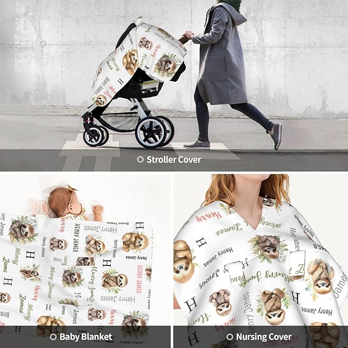 Personalized Winter Baby Car Seat Cover with Name Sloth Winter Car Seat Cover for Baby Seat or Stroller Custom Infant Car Seat Covers Minky Blankets Nursing Cover Breastfeeding Scarf