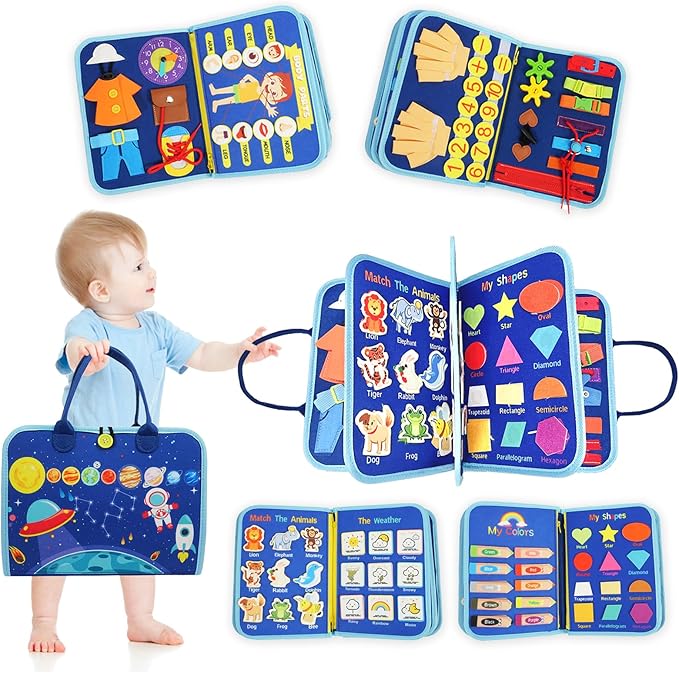Busy Board for Toddlers 1-3 Sensory Busy Book for 1+ Year Old Boys Girls Montessori Learning Activity Books Birthday Christmas Toddler Gift (Planet)