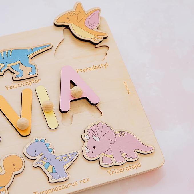 Name Puzzle with Dinosaurs Name Puzzle for 1 Year Old Busy Board Montessori Toys Baby Shower Baby Toy Personalized Gifts for Baby Handmade Puzzles