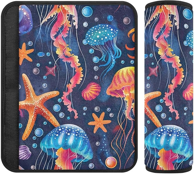 CHIFIGNO 2Pcs Colorful Jellyfish and Starfish Car Seat Belt Covers Soft Seatbelt Pads Seatbelt Shoulder Pad for Car Bag