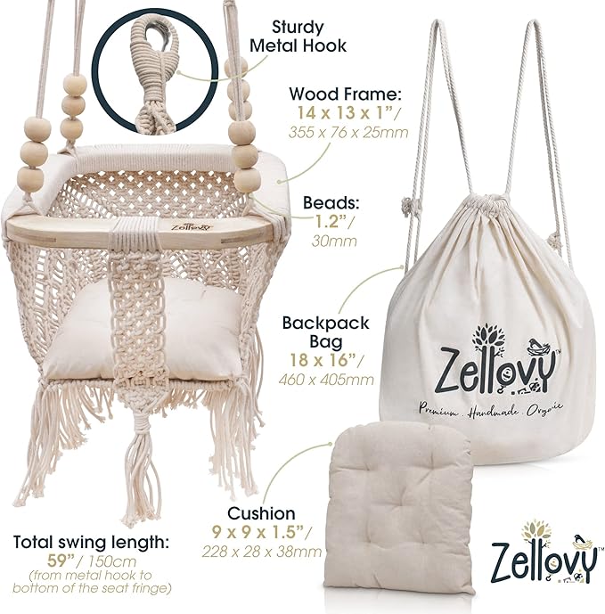 Organic Macrame Baby Swing Chair with Cushion & Portable Canvas Backpack | Boho Baby Swing Outdoor Indoor Infants & Toddler | Hanging Rope Baby Gift | Handmade Crochet Hammock Swing