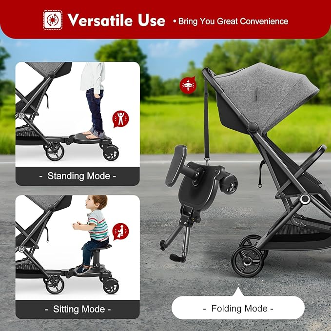 Universal Stroller Ride Board Buggy Wheeled Board Seat Ped, Detachable Seat Stroller Board Fits Most Strollers, Accommodates Children Up to 55 lbs