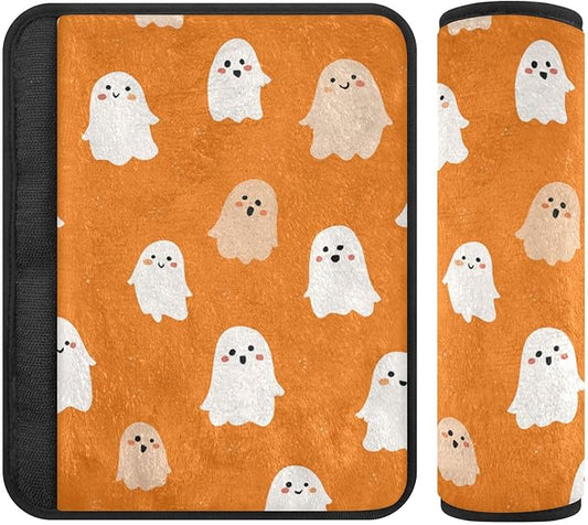 2 Pack Seatbelt Covers Seat Belt Cover Pad for Adults Boys Girls Car Seat Strap Covers Pads Cushion Universal Shoulder Strap Pad Protector for Backpack Camera Bag 10x7.7Inch Halloween Ghosts Orange