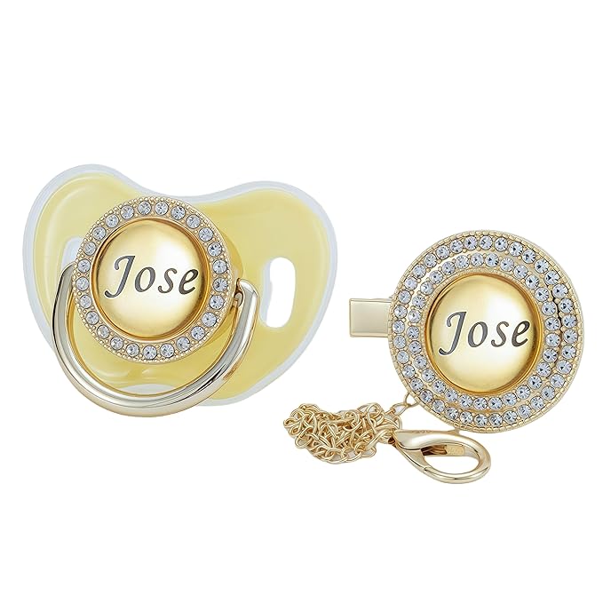 Custom Name Bling Pacifier & Clip Set – Personalized Binky for Baby Shower, Newborn Keepsake for Photos (Light Yellow)