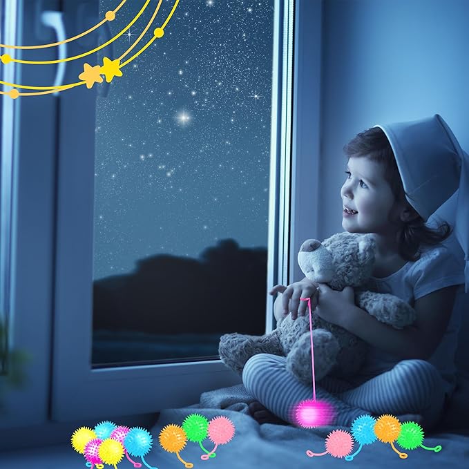40 Pcs 2.6 Inch Light Up Bouncy Balls LED Spike Ball with Rope Grows in the Dark Multicolor Flashing Balls for Birthday Party Gifts Classroom Prizes