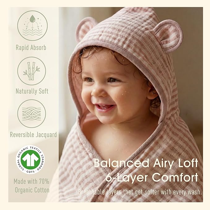 Ultra-Soft Muslin Toddler Hooded Towel – 55 x 28 Inches, Made with Organic Cotton, Gender-Neutral Dusty Pink Striped Jacquard Pattern, Ideal for Bath & Beach, Newborn to Toddler
