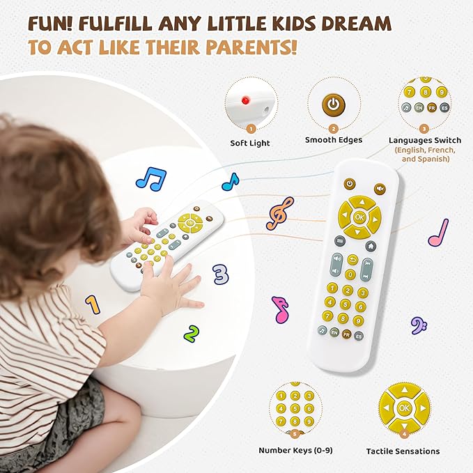 Baby TV Remote Toy - Realistic Play Remote toy with Lights and Sounds, 3 Languages (English, Spanish & French), Learning Musical Toys, Preschool Infant Boys Girls Toys Gift for 1 2 Year Old, Black