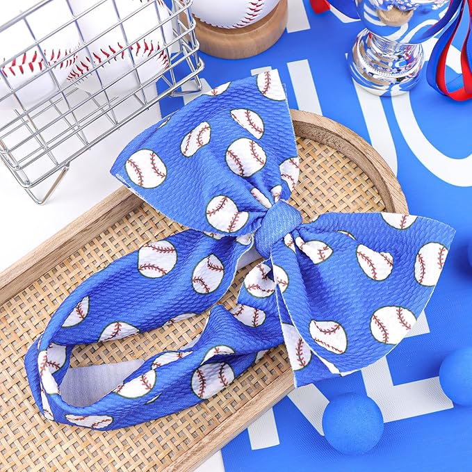 7'' Large Baseball Baby Girl Bows Soft Nylon High Stretchy Headbands for Girl Blue Tied Hairbands with Bows Hair Accessories for Infant Newborn