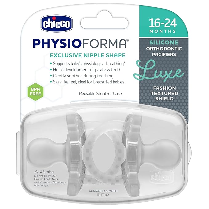 Chicco PhysioForma Luxe Orthodontic Pacifier for Babies 16-24 Months, One-Piece 100% Soft Silicone, Supports Breathing, Textured Shield & Handle, Included Sterilizing Case, BPA Free, 2-Pack, Crystal