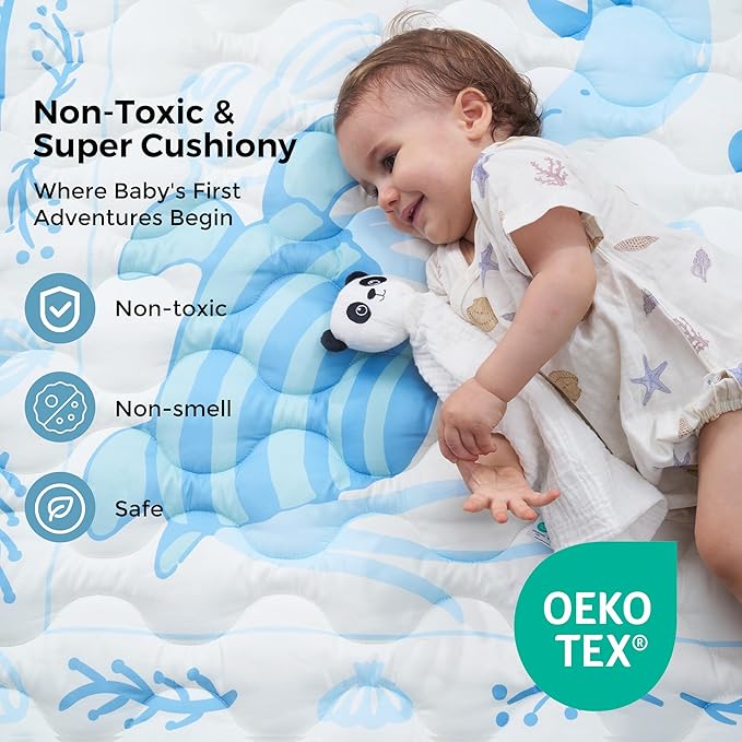 Momcozy Baby Play Mat for Floor, 50x50 Thickened Playpen Mat, Playmate for Baby Tummy Time, Waterproof & Non-Slip, Foldable Outdoor Mat with Carrying Handle, Ocean Theam