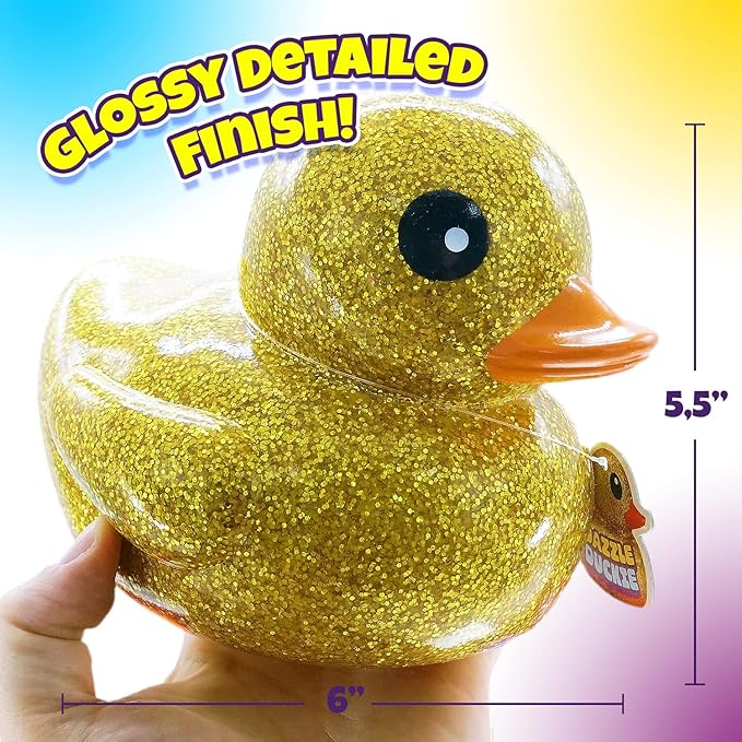JA-RU, Giant Glitter Rubber Ducks Metallic Colors 7" (6 Units Assorted) Fidget Toy for Kids, Sensory Play Stress Relief Stocking Stuffers Supplies Pinata Filler in Bulk. Plus Sticker. 4346-6s