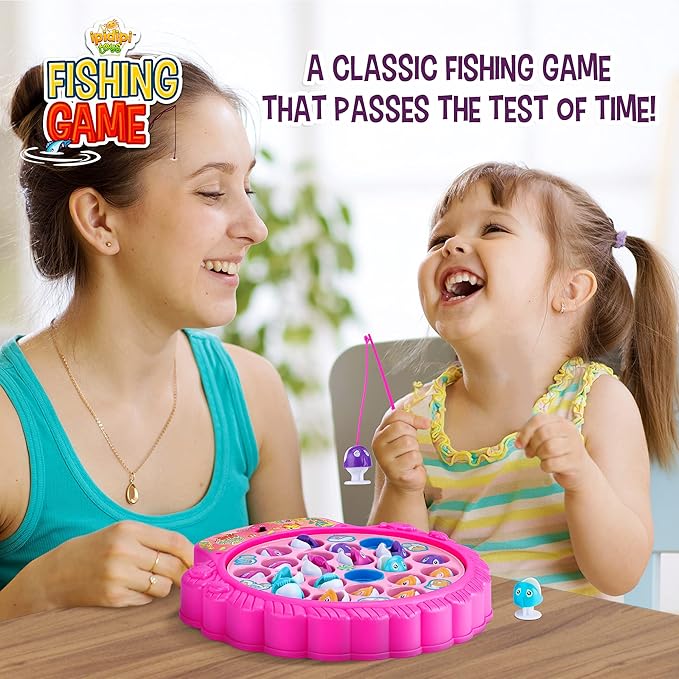 Fishing Game Play Set - 21 Fish, 4 Poles, & Rotating Board w/ On-Off Music - Family Children Backyard Pink Toy Games for Kids and Toddlers Age 3 4 5 6 7 Girls and Up