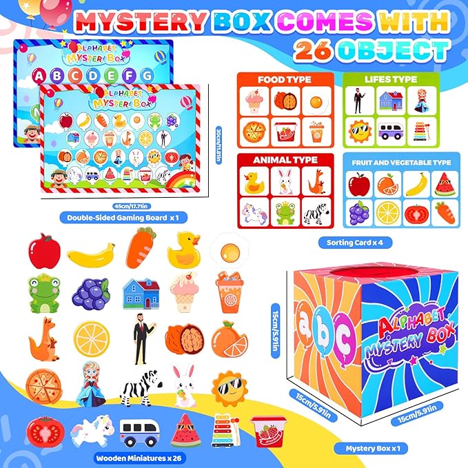 KMTJT Montessori Wooden Alphabet Mystery Box for 3 4 5 Year Olds - Tactile Sensory Educational Toys, Preschool Learning Letters & Phonics Game, Fine Motor Skills Gift for Boys Girls (26 Pcs)