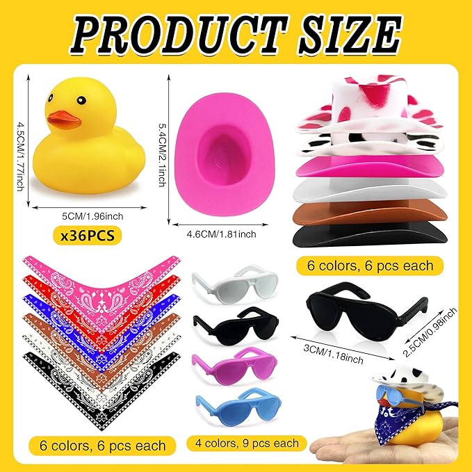 36 Sets Cowboy Ducks with Mini Hat Scarf and Sunglasses Mini Bath Duck Toys for Birthday Swimming Party Gift Favor Decorations