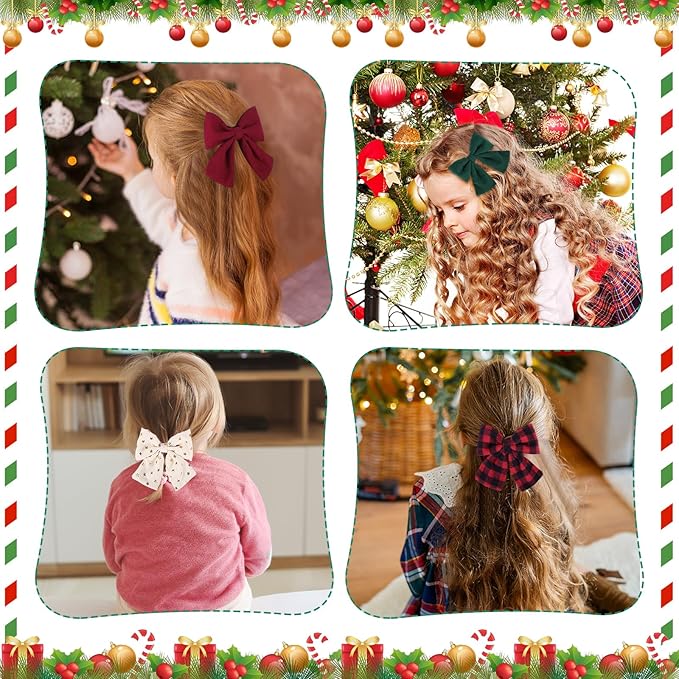 Obeoby Hair Bows with Hair Clips for Girls Toddlers, 8 Pcs Handmade 5" Floral Hair Accessories Red Bow for Kids 2-12 years Stocking Stuffers Christmas Gifts for Baby Teens Birthday School Party