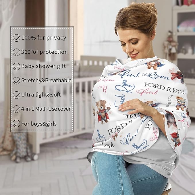 Personalized Baby Car Seat Covers for Babies, Custom Bear Nursing Breastfeeding Carseat Canopy with Name, Infant Stroller Covers for Newborn Girls Boys, Breathable Carseat Cover