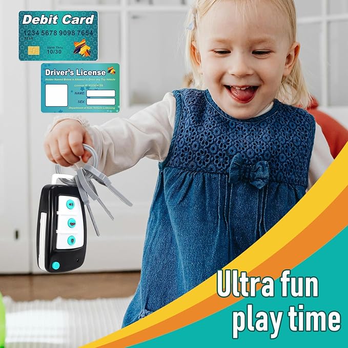 Remote Car Key Toy with Light and Sounds, Car Key Playset, Pretend Play Keys with Cards for Boys and Girls, Travel Toys for Toddlers, Babies