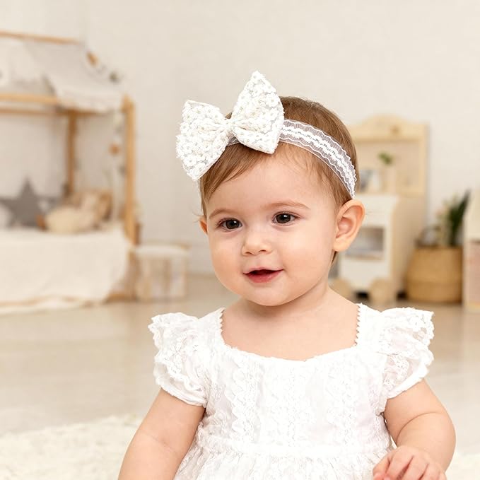 Baby Girls Bow Lace Headband Cute Soft Hairband White Butterfly Knot Headbands for Newborn Infants Toddlers Kids Christening Baptism Birthday Party Hair Accessories（White flower bow）