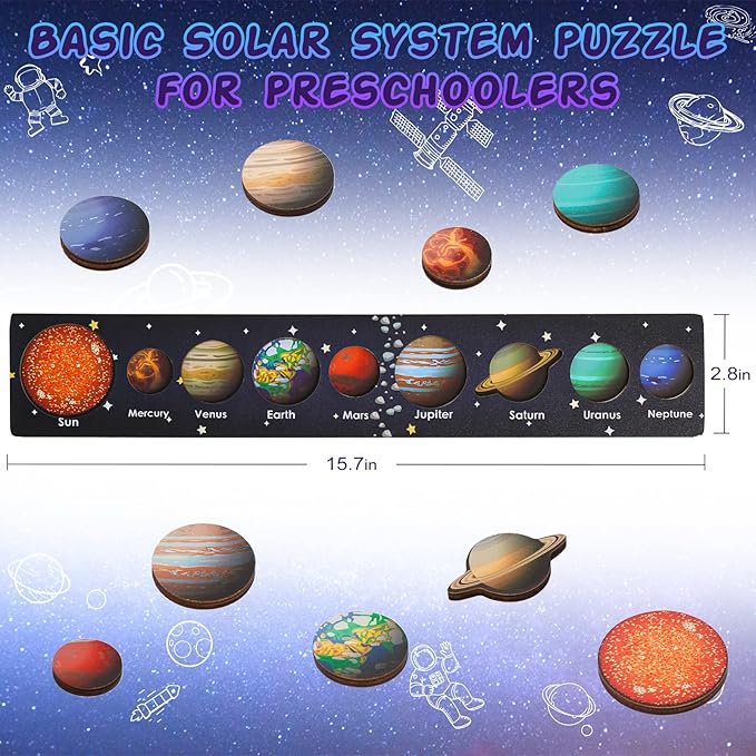 Zeoddler Solar System Puzzle for Kids 3-6, Wooden Space Toys, Planets for Kids, Preschool Learning Activities, Gift for Boys, Girls